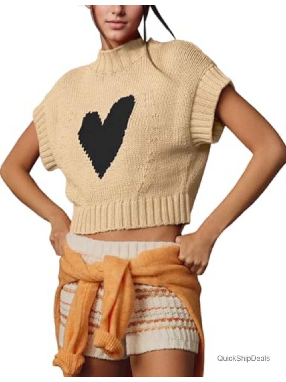Cotton Mock Neck Sweater Vest Crop Cap Sleeve Knit Top